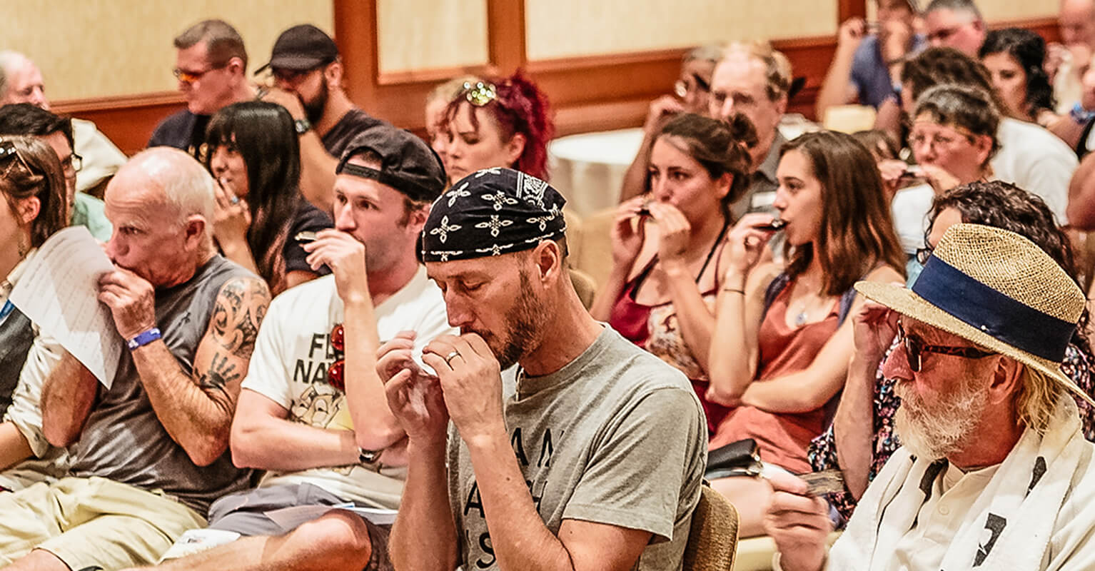 Workshop attendees playing their harmonicas