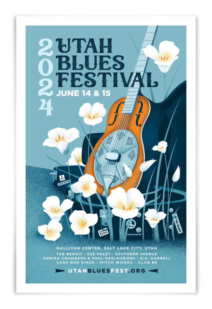 Poster: 2024 Utah Blues Festival, June 14 & 15. Gallivan center, Salt Lake City, Utah. Tab Benoit, Sue Foley, Southern Avenue, Annika Chambers & Paul Deslouriers, D.K. Harrell, Cash Box Kings, Mitch Woods - Club 88. UtahBluesFest.org