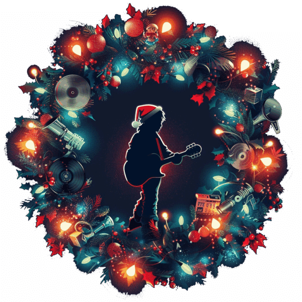 Festive Christmas wreath illuminated with colorful lights, holly, records, microphones, and music gear, framing a silhouetted guitarist wearing a Santa hat.