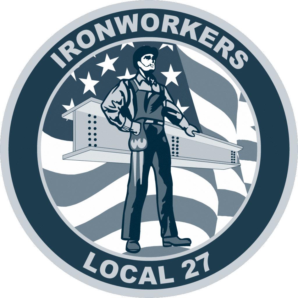 Ironworkers Local 27 union seal featuring a standing ironworker in work gear before an American flag and steel I-beam, encircled by the text "Ironworkers" and "Local 27"